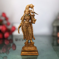 Bronze Meenakshi Idol, Handcrafted Goddess Menakshi Murti for Pooja, Home Decor & Spiritual Gifts, Brown, 7 Inch, 1 Piece