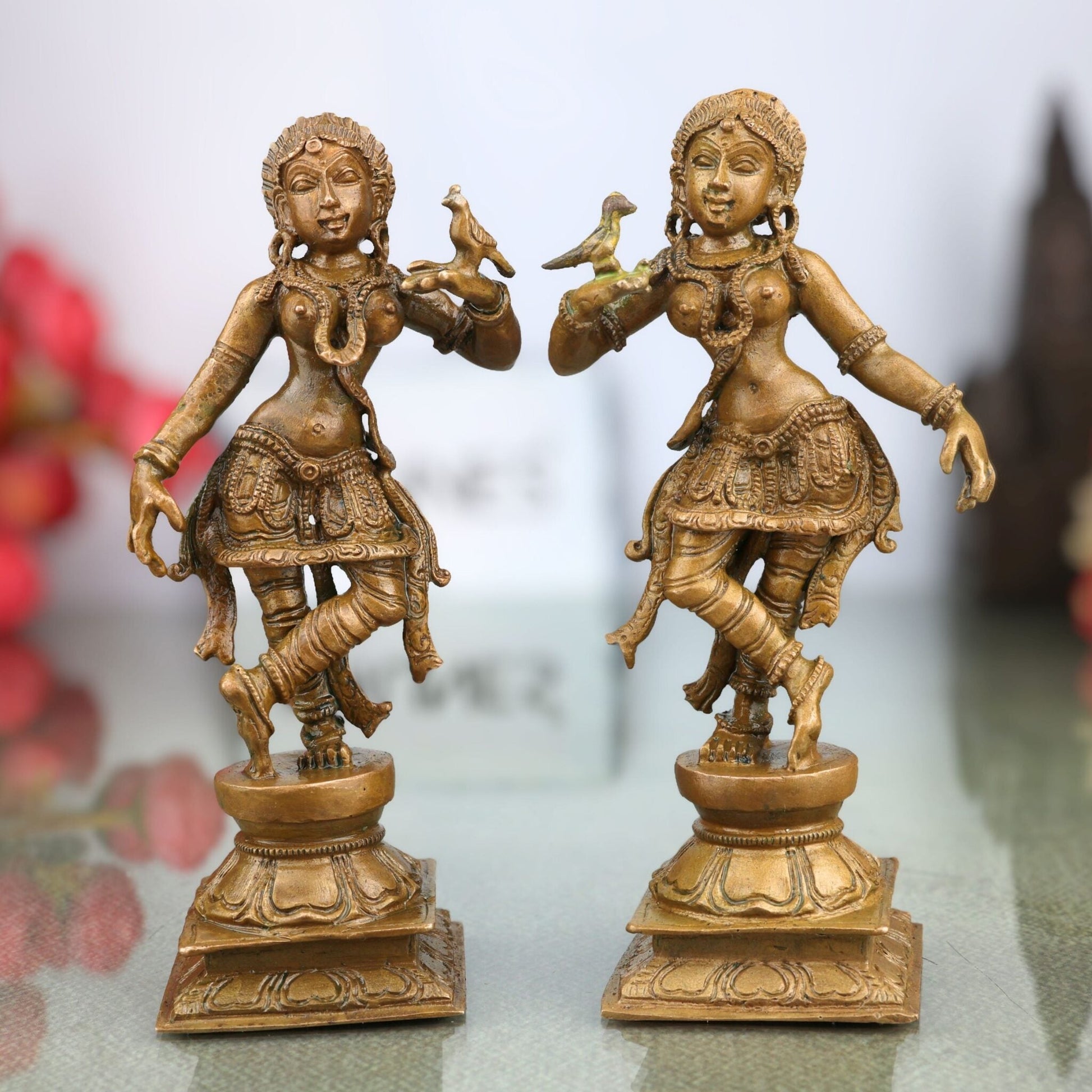 Bronze Apsara Idol Pair, Chola Art Panchaloha Apsarini Sculpture, Celestial Dancer Figurine, Handcrafted South Indian Temple Decor, Brown, 5.5 Inch, 1 Piece