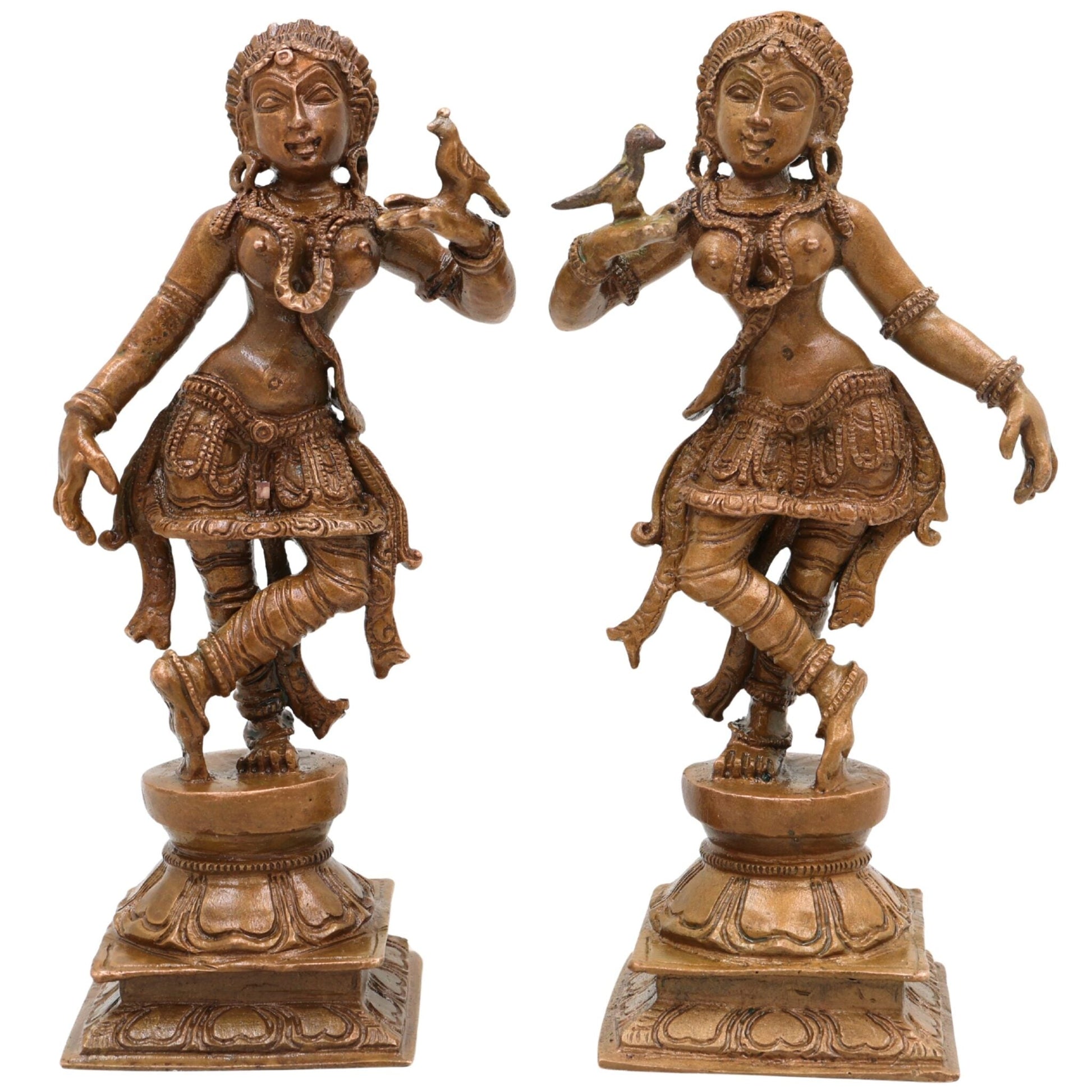 Bronze Apsara Idol Pair, Chola Art Panchaloha Apsarini Sculpture, Celestial Dancer Figurine, Handcrafted South Indian Temple Decor, Brown, 5.5 Inch, 1 Piece