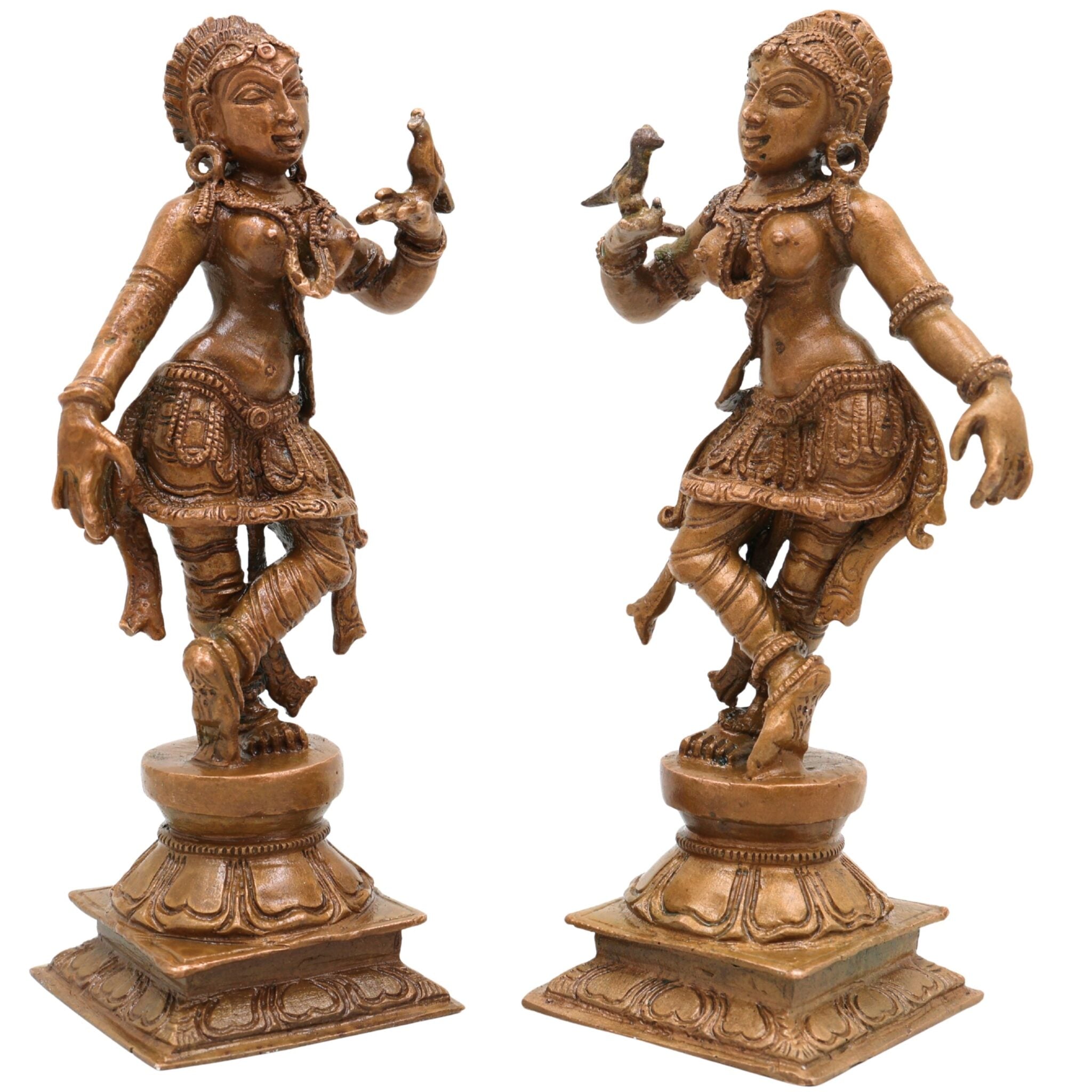 Bronze Apsara Idol Pair, Chola Art Panchaloha Apsarini Sculpture, Celestial Dancer Figurine, Handcrafted South Indian Temple Decor, Brown, 5.5 Inch, 1 Piece