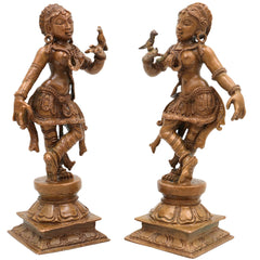 Bronze Apsara Idol Pair, Chola Art Panchaloha Apsarini Sculpture, Celestial Dancer Figurine, Handcrafted South Indian Temple Decor, Brown, 5.5 Inch, 1 Piece