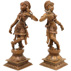 Bronze Apsara Idol Pair, Chola Art Panchaloha Apsarini Sculpture, Celestial Dancer Figurine, Handcrafted South Indian Temple Decor, Brown, 5.5 Inch, 1 Piece