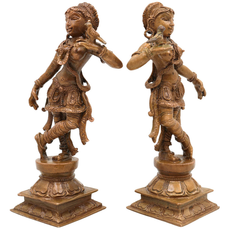 Bronze Apsara Idol Pair, Chola Art Panchaloha Apsarini Sculpture, Celestial Dancer Figurine, Handcrafted South Indian Temple Decor, Brown, 5.5 Inch, 1 Piece