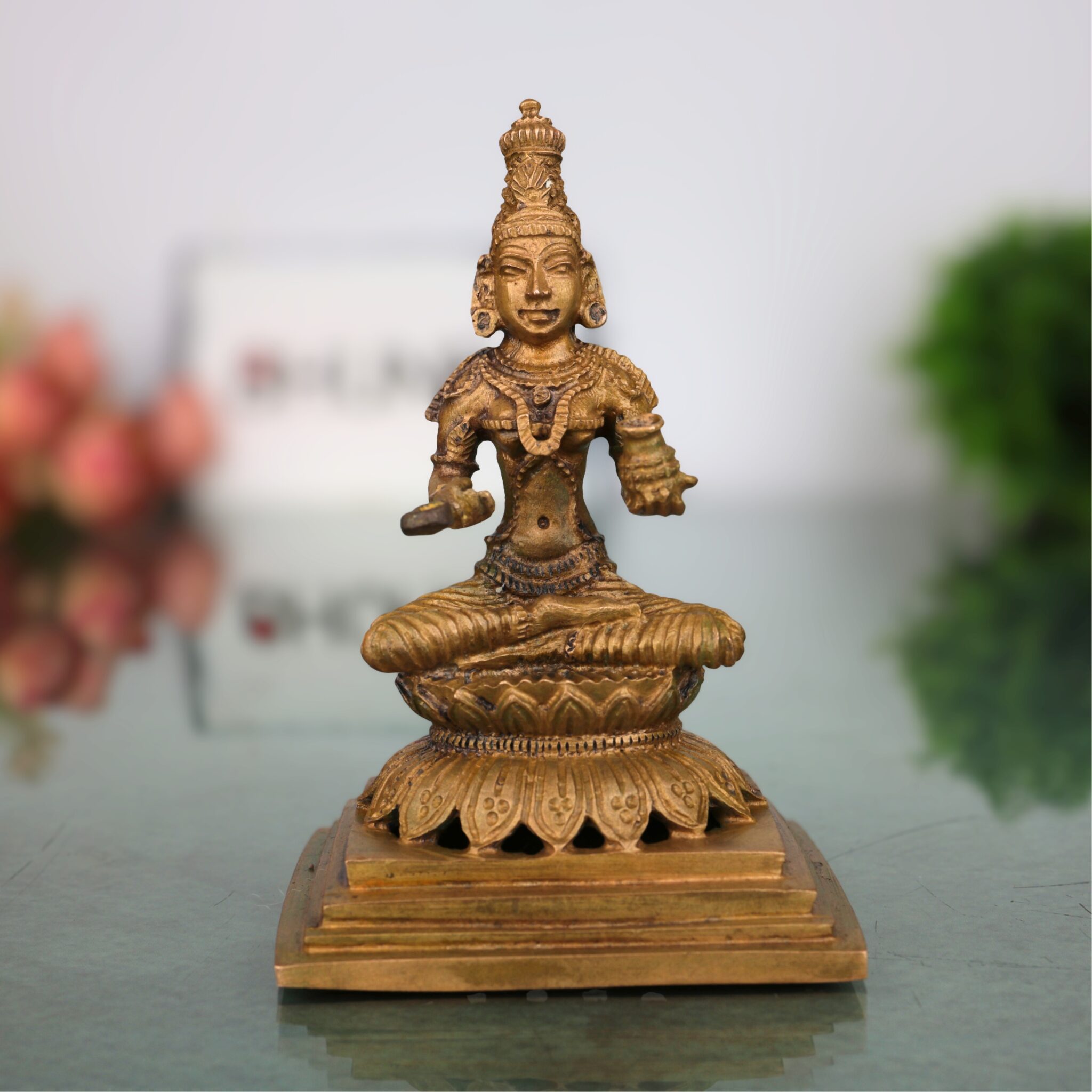 Bronze Handcrafted Annapurna Idol | Annapoorna Devi Murti | Panchaloha Goddess Statue | Chola Art Annapurneshwari Sculpture, Gold, 4 Inch, 1 Piece