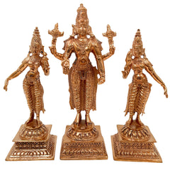 Bronze Vishnu with Sridevi Bhudevi Idol, Panchaloha Handmade Lord Narayana Perumal Statue,Gold, 6 Inch, 1 Piece