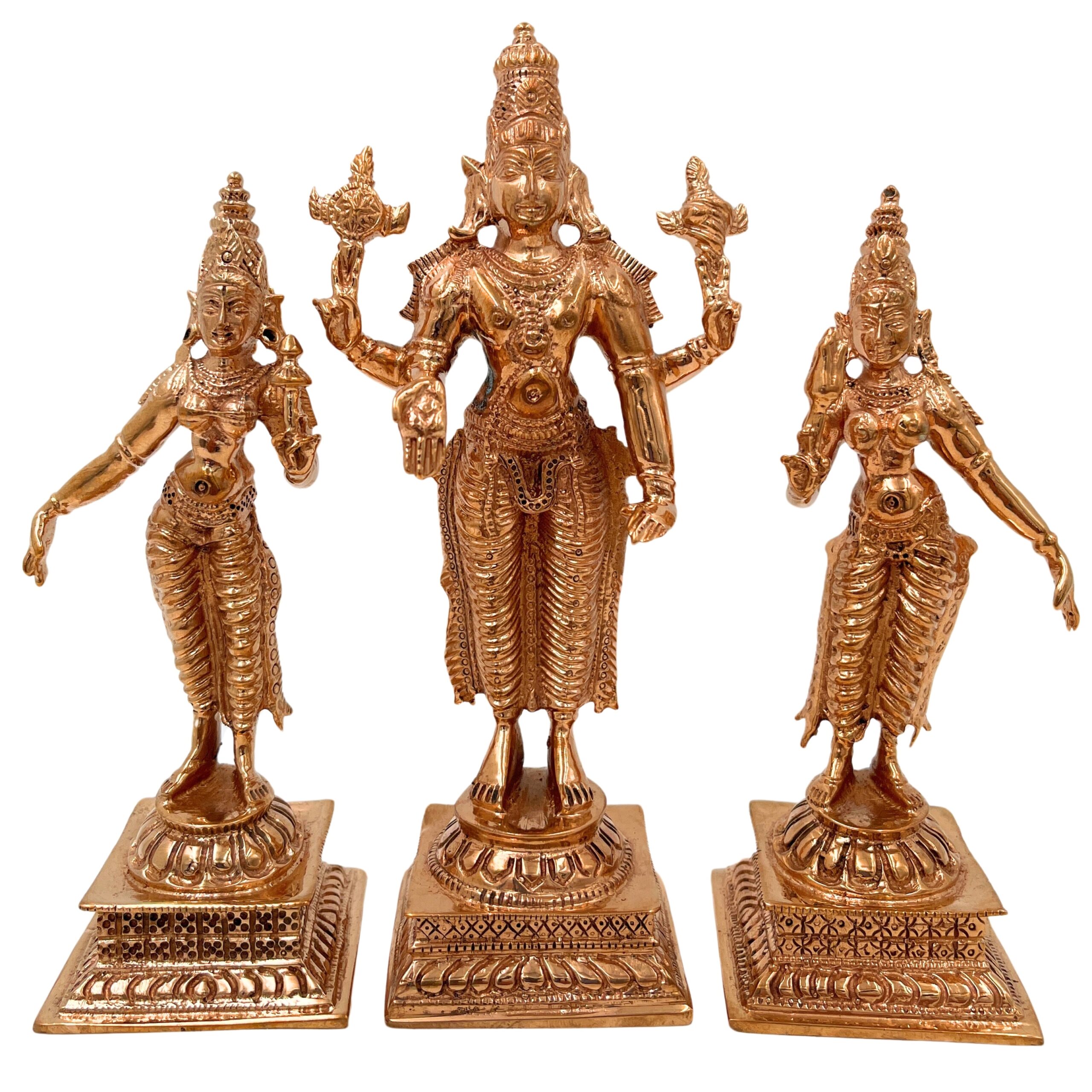 Bronze Vishnu with Sridevi Bhudevi Idol, Panchaloha Handmade Lord Narayana Perumal Statue,Gold, 6 Inch, 1 Piece