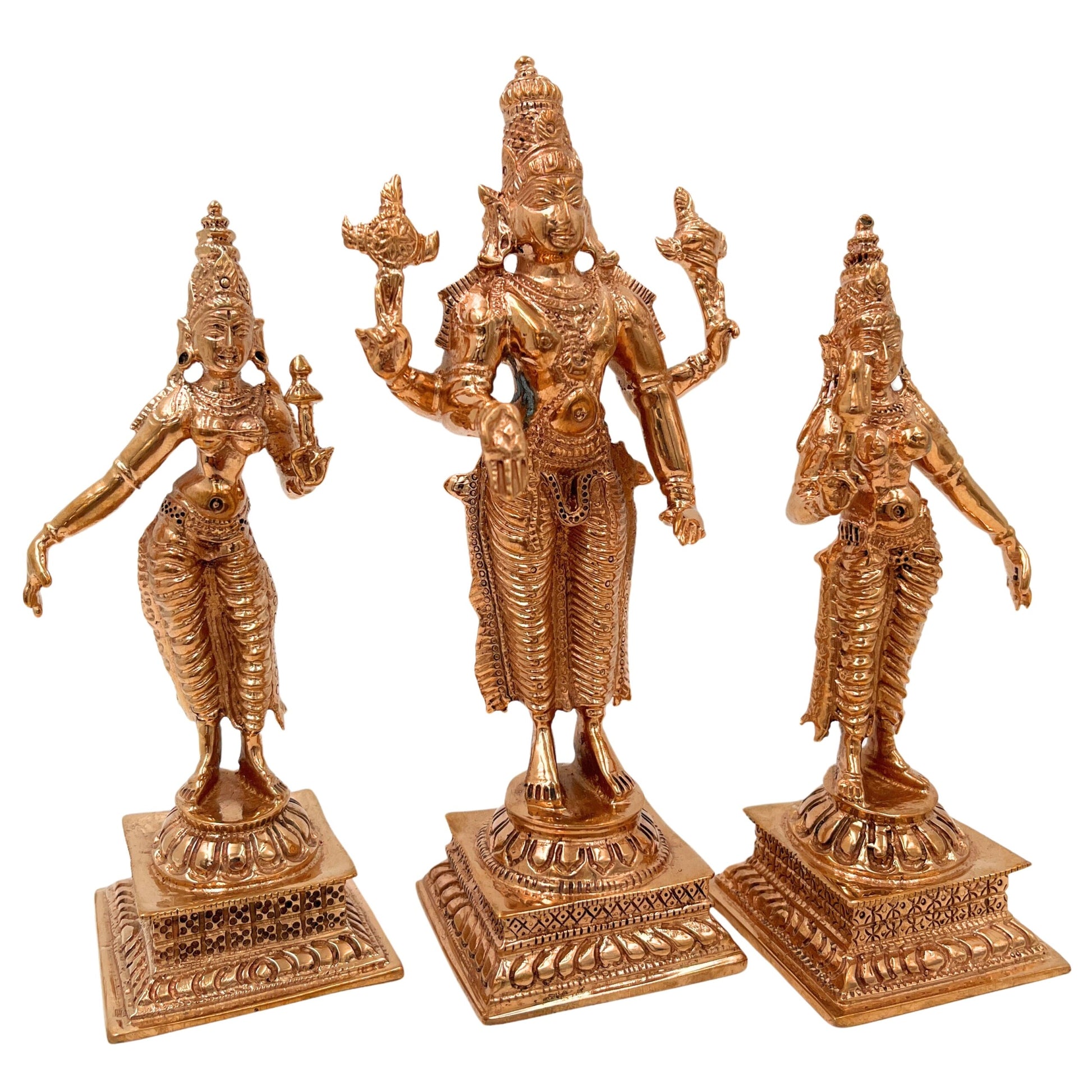 Bronze Vishnu with Sridevi Bhudevi Idol, Panchaloha Handmade Lord Narayana Perumal Statue,Gold, 6 Inch, 1 Piece