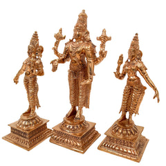 Bronze Vishnu with Sridevi Bhudevi Idol, Panchaloha Handmade Lord Narayana Perumal Statue,Gold, 6 Inch, 1 Piece