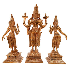 Bronze Vishnu with Sridevi Bhudevi Idol, Panchaloha Handmade Lord Narayana Perumal Statue,Gold, 6 Inch, 1 Piece