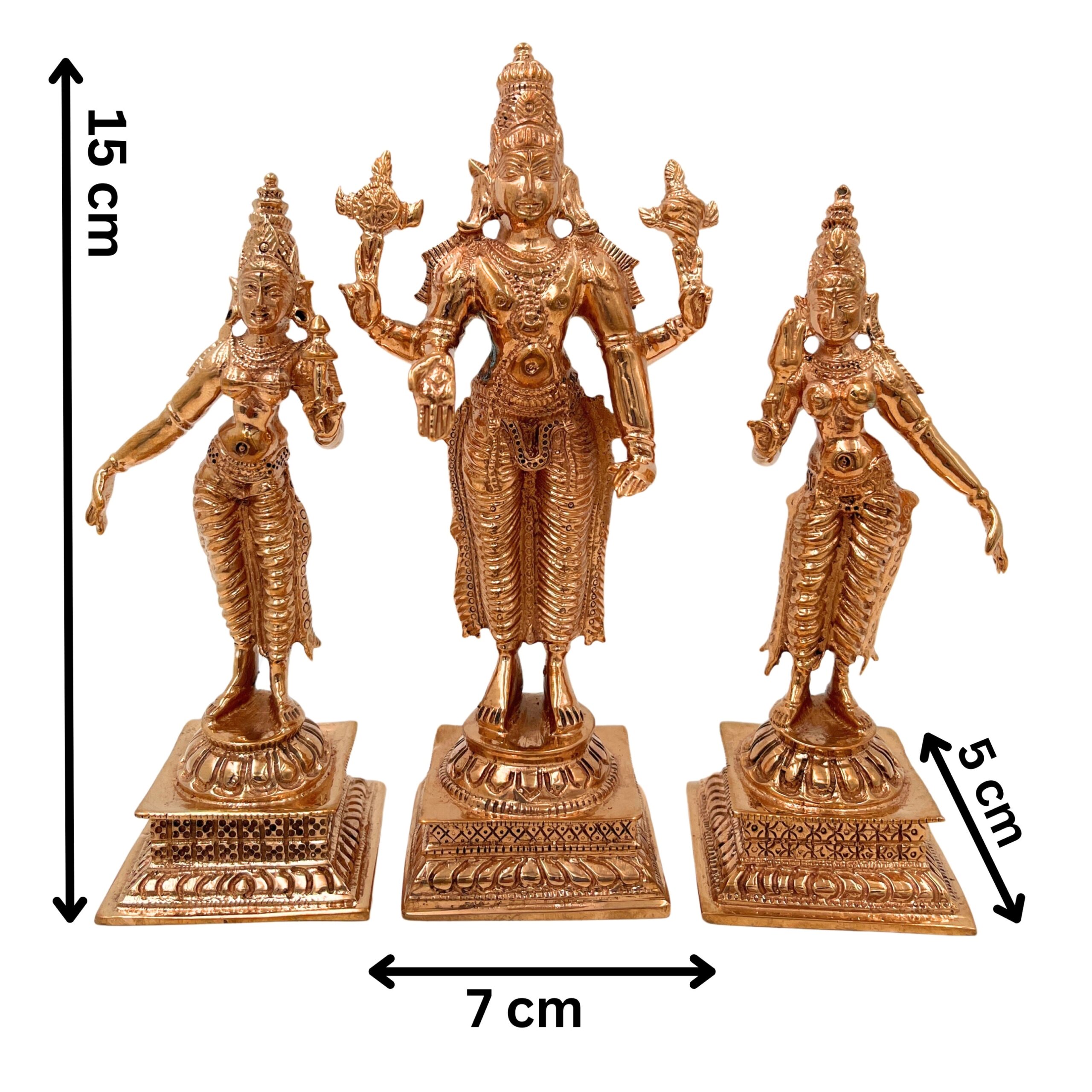 Bronze Vishnu with Sridevi Bhudevi Idol, Panchaloha Handmade Lord Narayana Perumal Statue,Gold, 6 Inch, 1 Piece