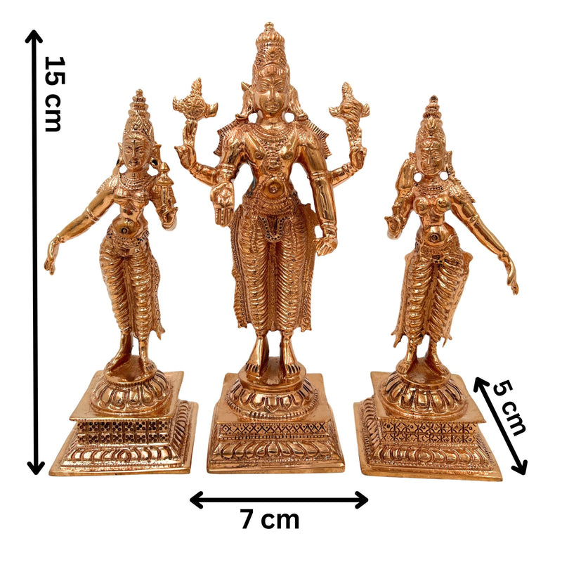 Bronze Vishnu with Sridevi Bhudevi Idol, Panchaloha Handmade Lord Narayana Perumal Statue,Gold, 6 Inch, 1 Piece