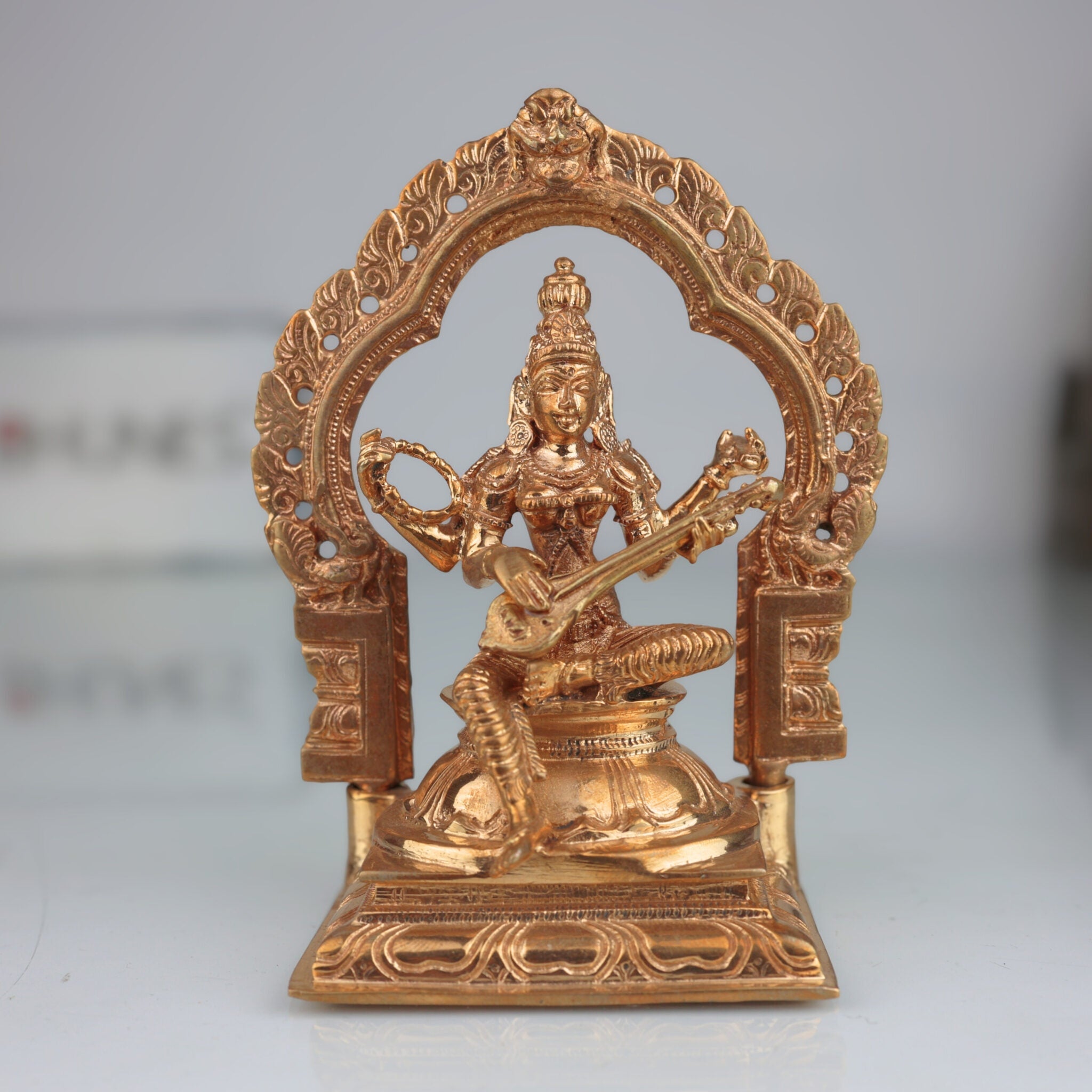 Handmade Panchaloha Bronze Saraswati Idol, Goddess of Knowledge, Wisdom, Veena Devi, Sharada Murti for Pooja & Home Decor,Gold, 5 Inch, 1 Piece