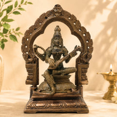 Bronze Saraswati Idol Vagdevi Sharada Murti for Pooja Home Decor Gifting Handcrafted Traditional Chola Style, Brown, 5 Inch, 1 Piece