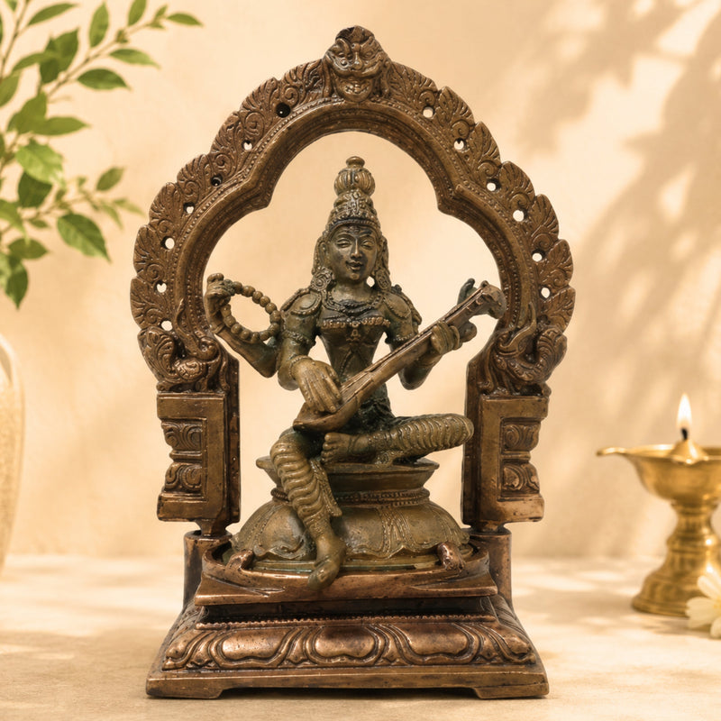 Bronze Saraswati Idol Vagdevi Sharada Murti for Pooja Home Decor Gifting Handcrafted Traditional Chola Style, Brown, 5 Inch, 1 Piece