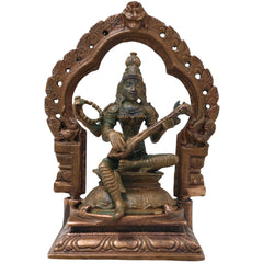 Bronze Saraswati Idol Vagdevi Sharada Murti for Pooja Home Decor Gifting Handcrafted Traditional Chola Style, Brown, 5 Inch, 1 Piece