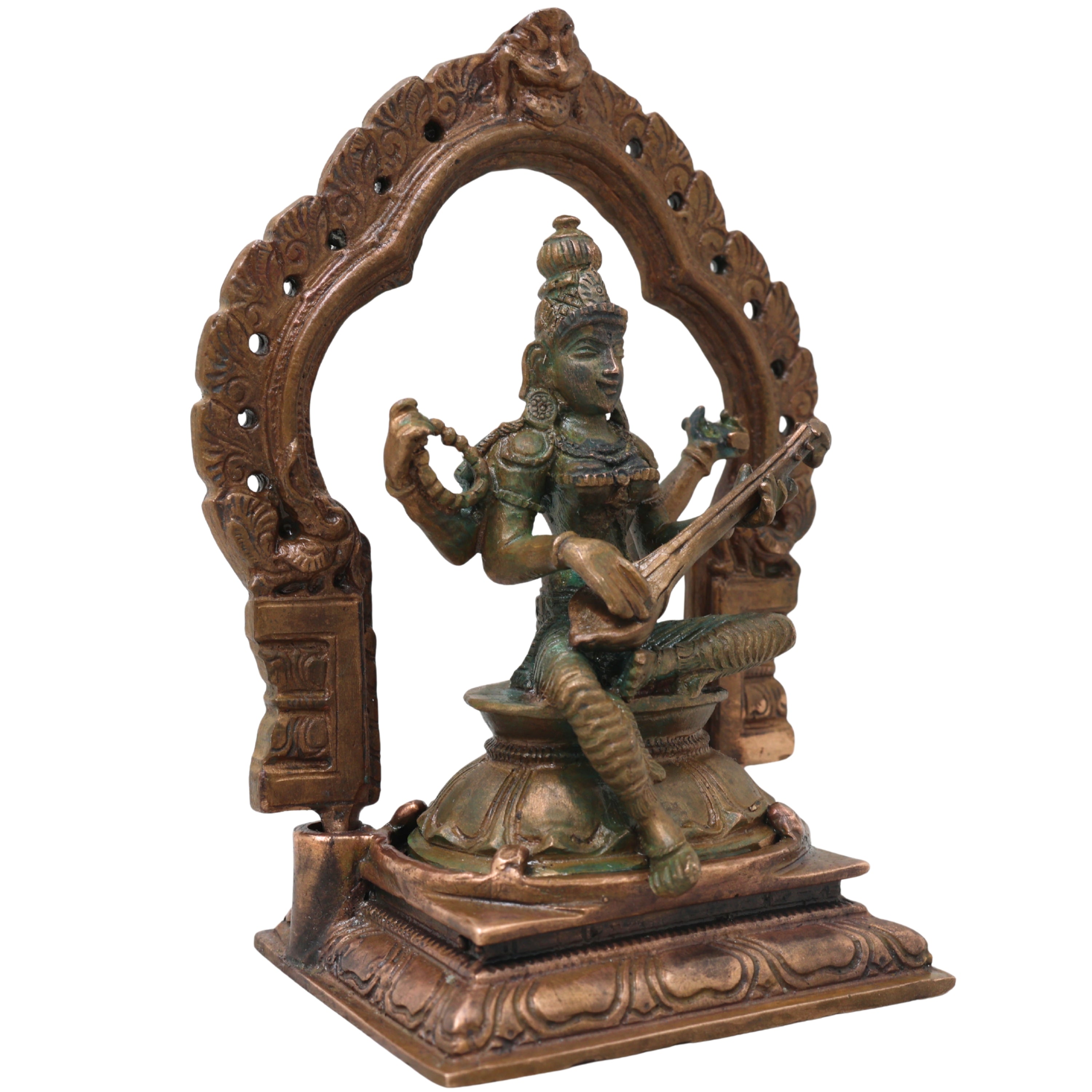 Bronze Saraswati Idol Vagdevi Sharada Murti for Pooja Home Decor Gifting Handcrafted Traditional Chola Style, Brown, 5 Inch, 1 Piece