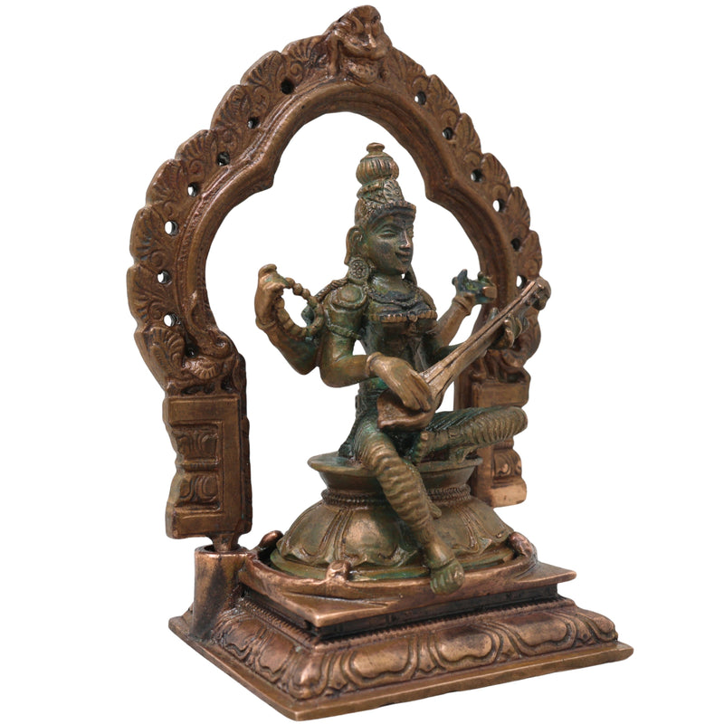 Bronze Saraswati Idol Vagdevi Sharada Murti for Pooja Home Decor Gifting Handcrafted Traditional Chola Style, Brown, 5 Inch, 1 Piece