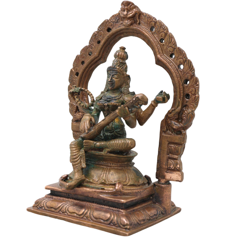 Bronze Saraswati Idol Vagdevi Sharada Murti for Pooja Home Decor Gifting Handcrafted Traditional Chola Style, Brown, 5 Inch, 1 Piece