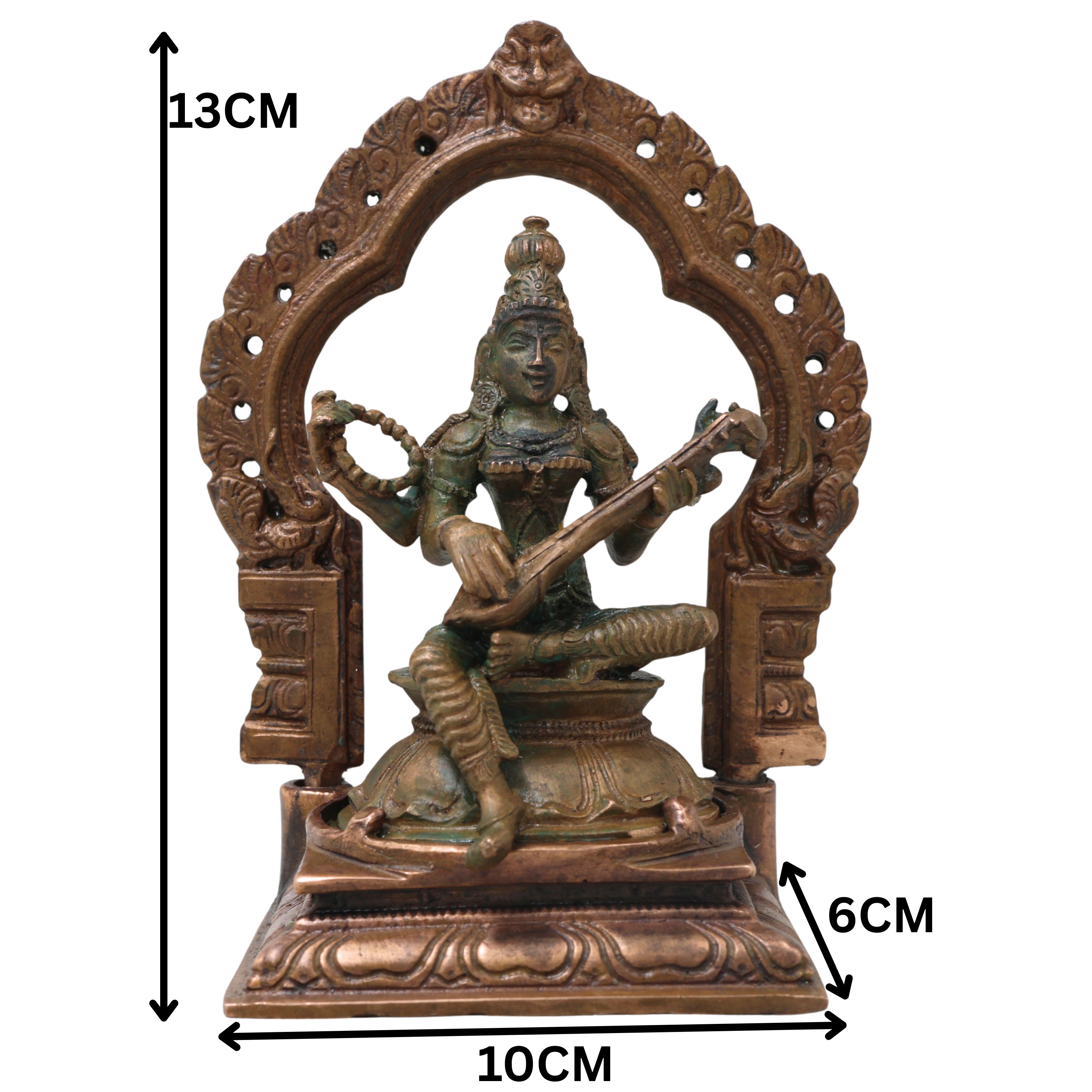 Bronze Saraswati Idol Vagdevi Sharada Murti for Pooja Home Decor Gifting Handcrafted Traditional Chola Style, Brown, 5 Inch, 1 Piece
