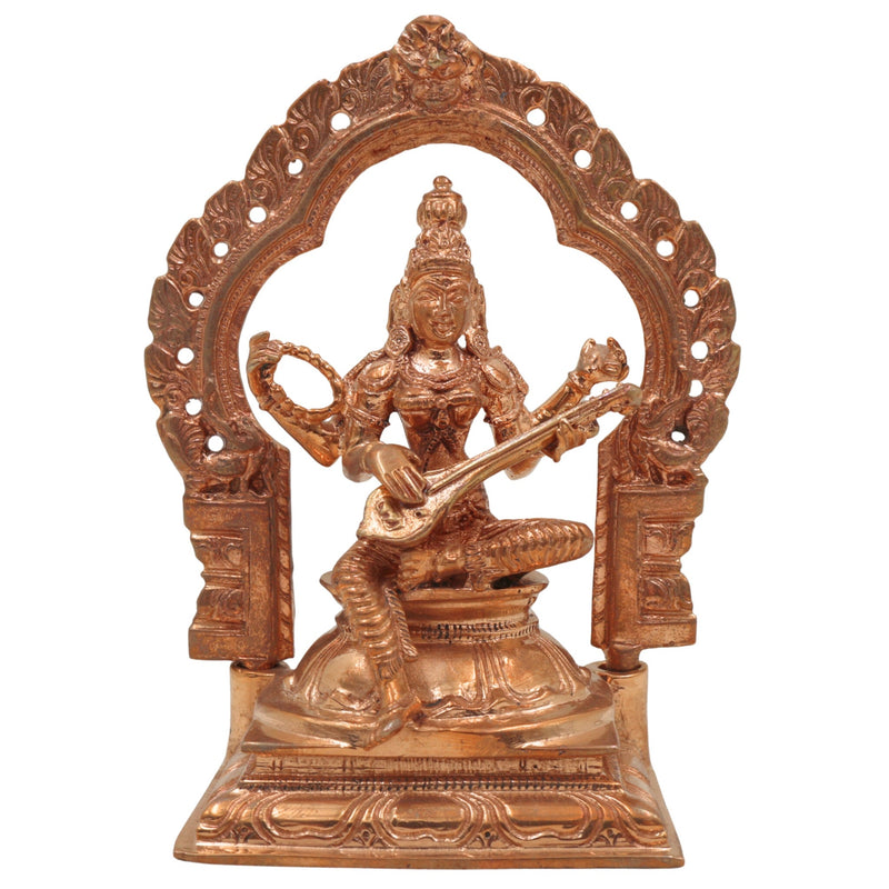Handmade Panchaloha Bronze Saraswati Idol, Goddess of Knowledge, Wisdom, Veena Devi, Sharada Murti for Pooja & Home Decor,Gold, 5 Inch, 1 Piece