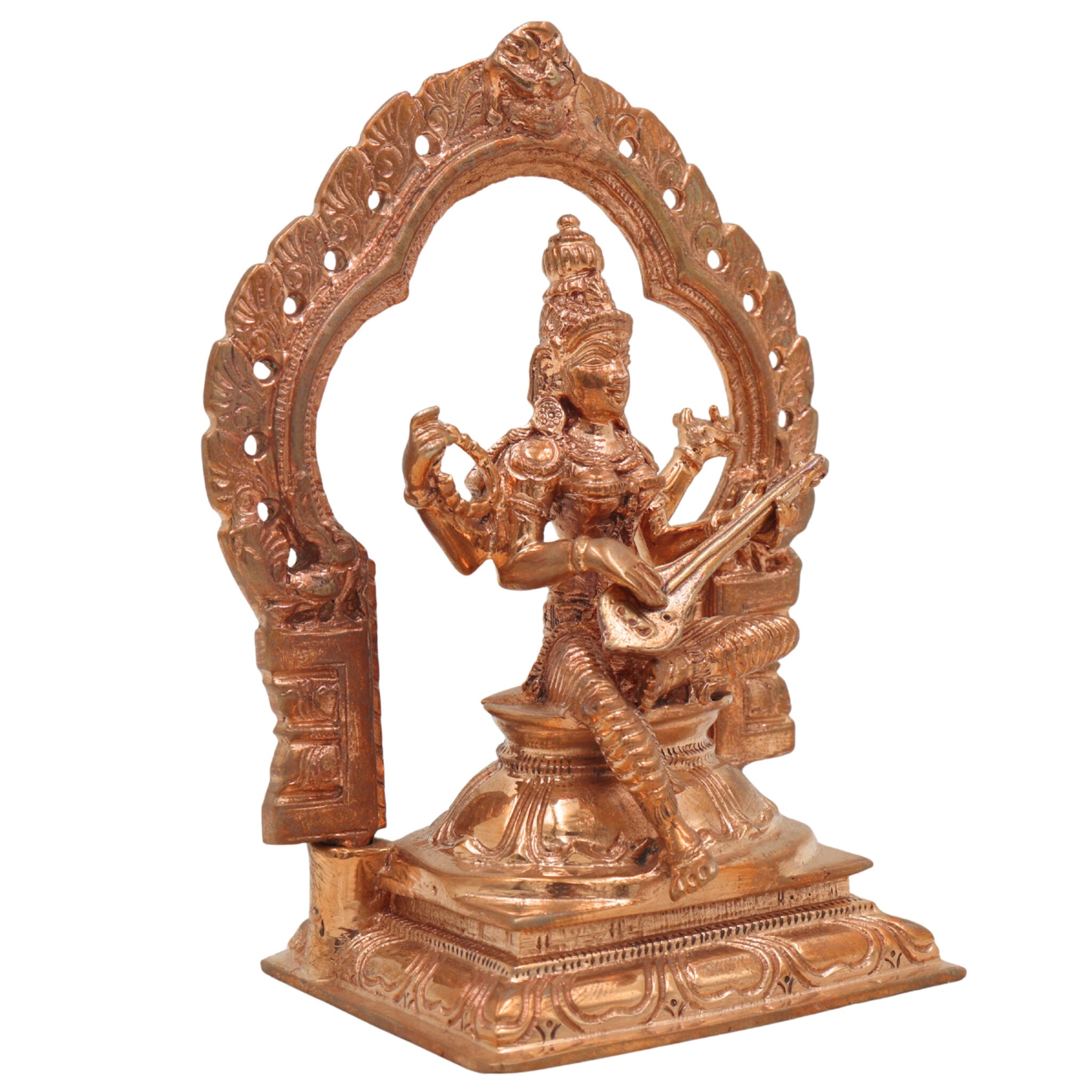 Handmade Panchaloha Bronze Saraswati Idol, Goddess of Knowledge, Wisdom, Veena Devi, Sharada Murti for Pooja & Home Decor,Gold, 5 Inch, 1 Piece