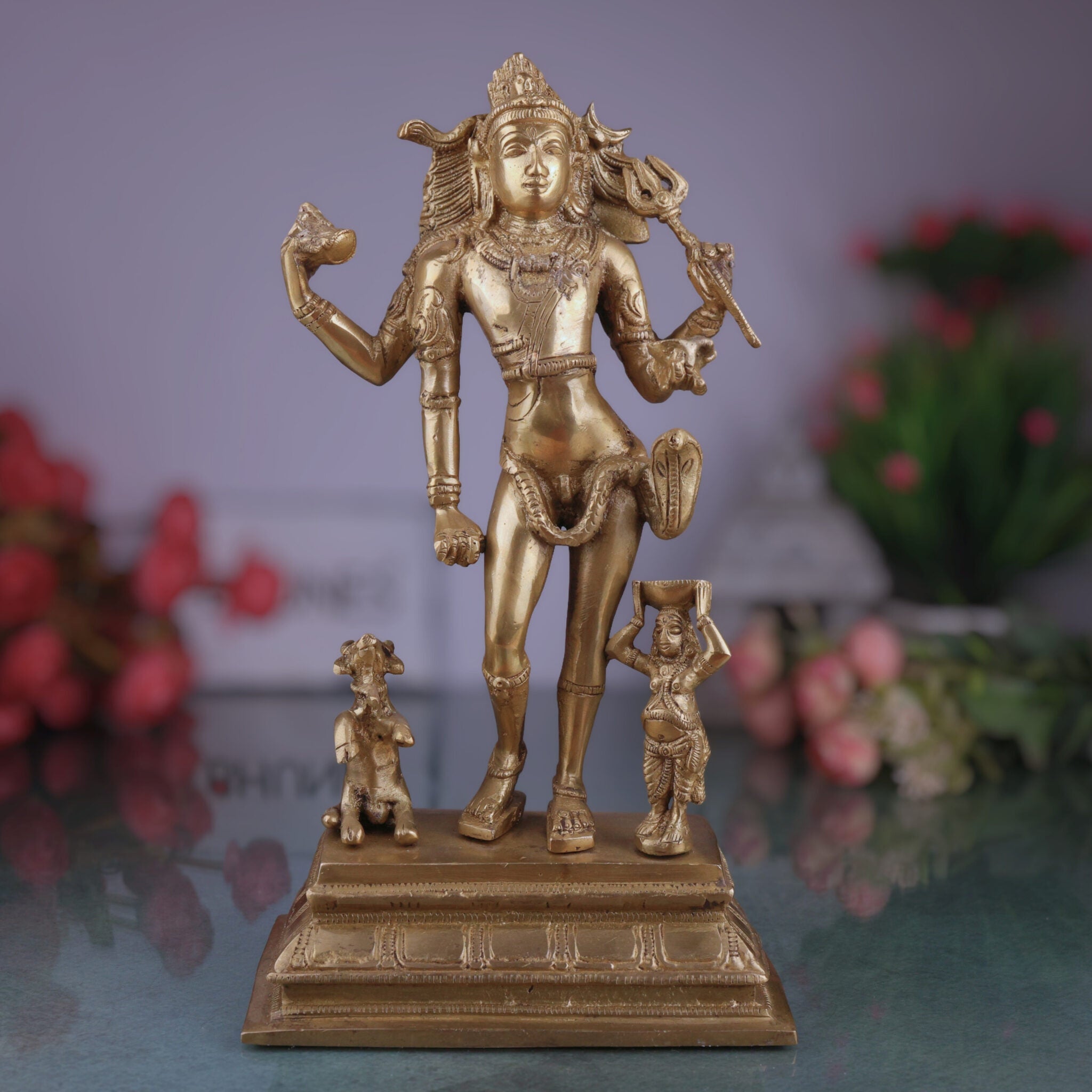 Brass Shiva Idol, Bhikshatana Mahadev Murti, Traditional Peetal Bholenath Statue, Antique Shankara Pital Murti for Home Temple Décor, Gold, 12 Inch, 1 Piece