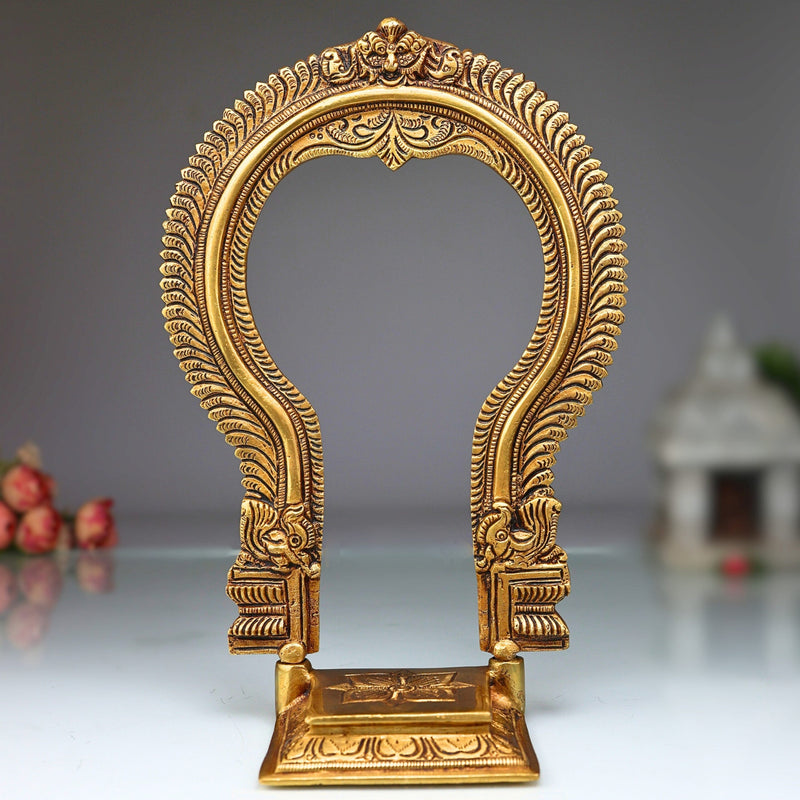 Brass Deity Stand with Prabhavali and Chowki, Handcrafted Pooja Peeth, Singhasan Bajot for Mandir, Temple Platform for Idol, Gold, 11 Inch, 1 Piece