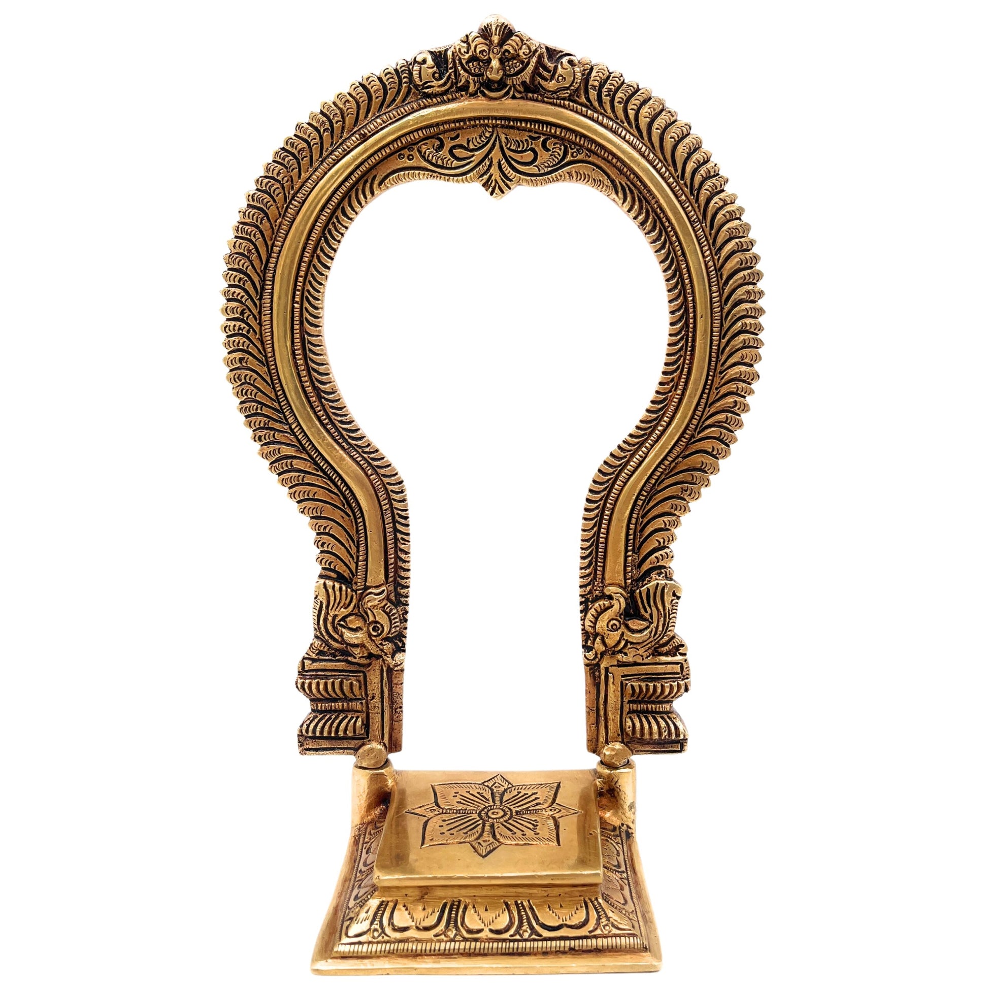 Brass Deity Stand with Prabhavali and Chowki, Handcrafted Pooja Peeth, Singhasan Bajot for Mandir, Temple Platform for Idol, Gold, 11 Inch, 1 Piece