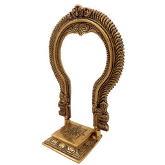 Brass Deity Stand with Prabhavali and Chowki, Handcrafted Pooja Peeth, Singhasan Bajot for Mandir, Temple Platform for Idol, Gold, 11 Inch, 1 Piece