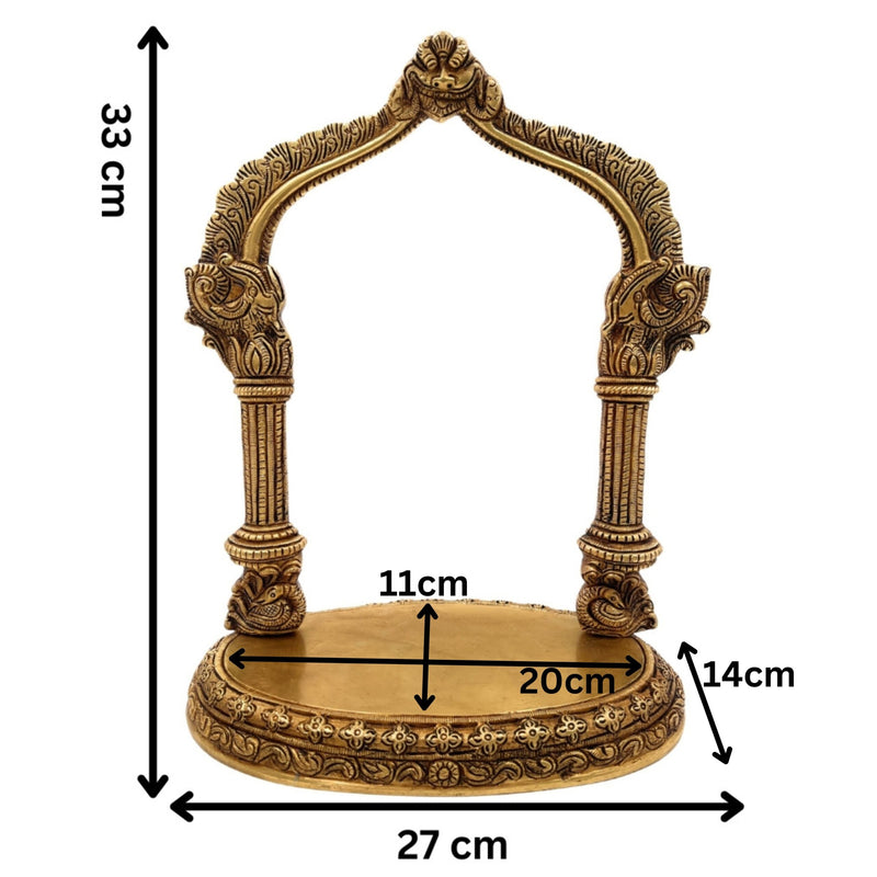 Brass Deity Stand with Prabhavali, Handcrafted Chowki Peetha Singhasan for Temple & Puja Room Decor, Gold, 13 Inch, 1 Piece