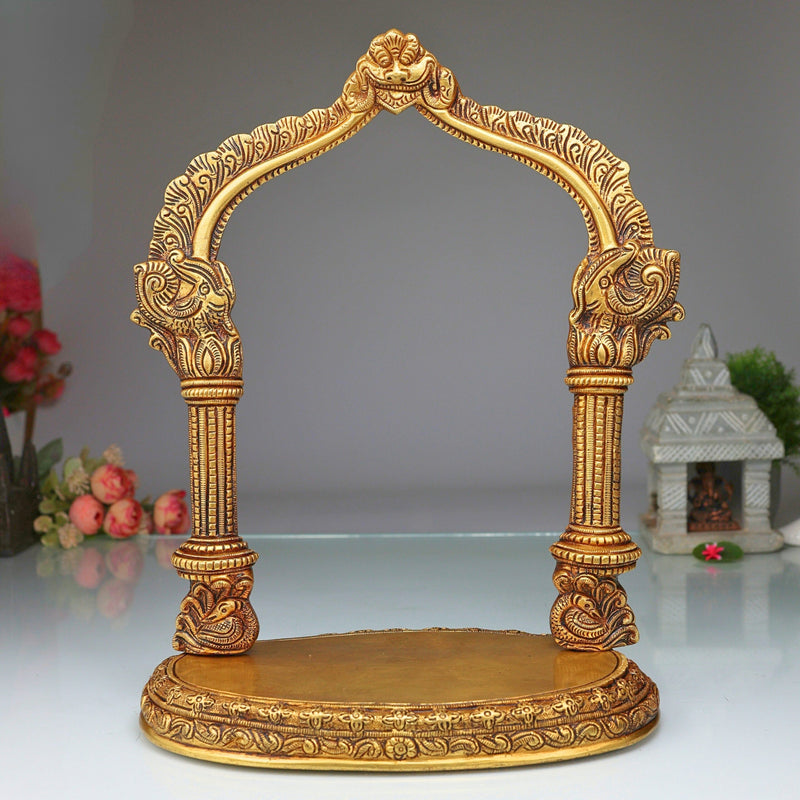 Brass Deity Stand with Prabhavali, Handcrafted Chowki Peetha Singhasan for Temple & Puja Room Decor, Gold, 13 Inch, 1 Piece