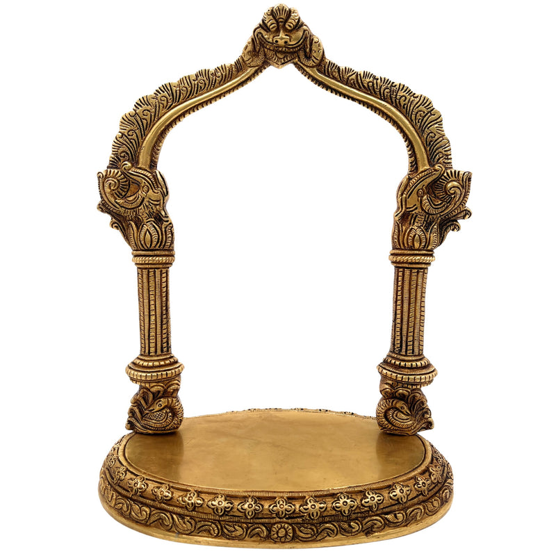 Brass Deity Stand with Prabhavali, Handcrafted Chowki Peetha Singhasan for Temple & Puja Room Decor, Gold, 13 Inch, 1 Piece