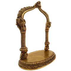 Brass Deity Stand with Prabhavali, Handcrafted Chowki Peetha Singhasan for Temple & Puja Room Decor, Gold, 13 Inch, 1 Piece