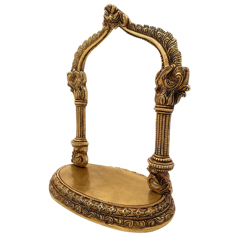 Brass Deity Stand with Prabhavali, Handcrafted Chowki Peetha Singhasan for Temple & Puja Room Decor, Gold, 13 Inch, 1 Piece