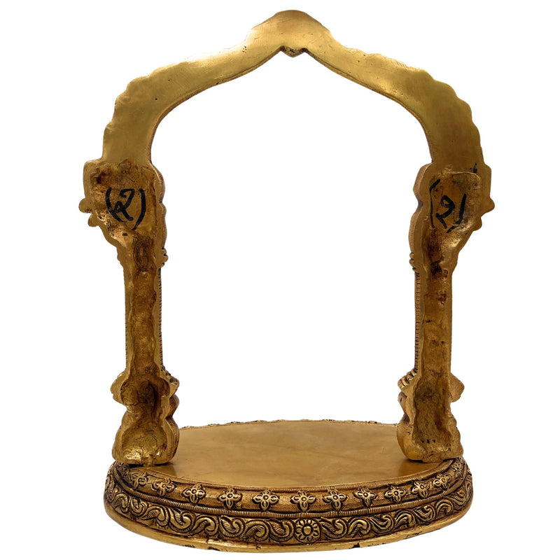 Brass Deity Stand with Prabhavali, Handcrafted Chowki Peetha Singhasan for Temple & Puja Room Decor, Gold, 13 Inch, 1 Piece
