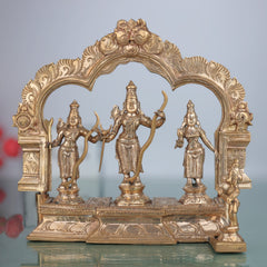 Handmade Panchaloha Bronze Rama Darbar Idol – Lord Rama Sita Laxman Statue with Peetam & Prabhavali, Traditional South Indian Ram Darbar Murti for Pooja & Home Temple,Gold, 9.5 Inch, 1 Piece