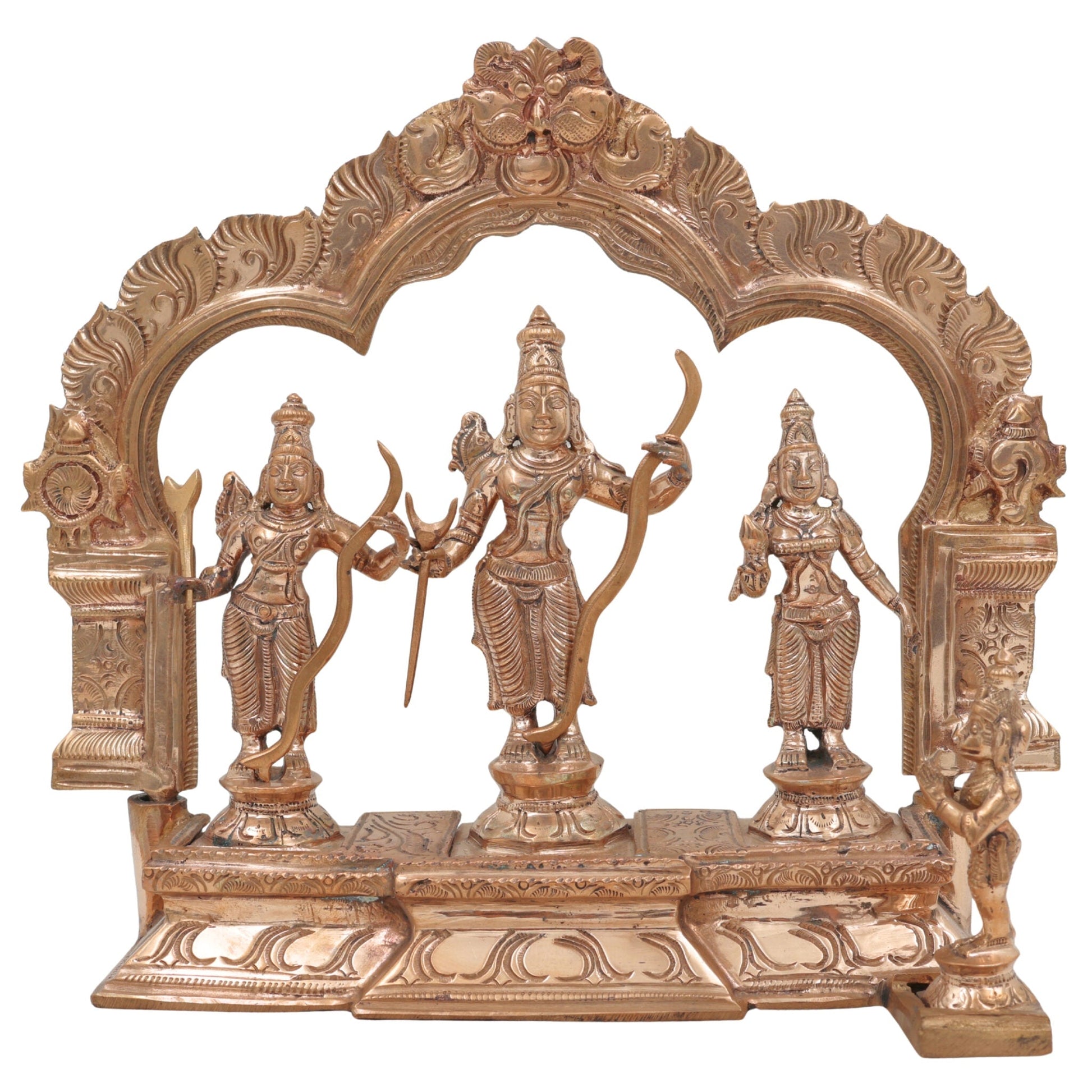 Handmade Panchaloha Bronze Rama Darbar Idol – Lord Rama Sita Laxman Statue with Peetam & Prabhavali, Traditional South Indian Ram Darbar Murti for Pooja & Home Temple,Gold, 9.5 Inch, 1 Piece