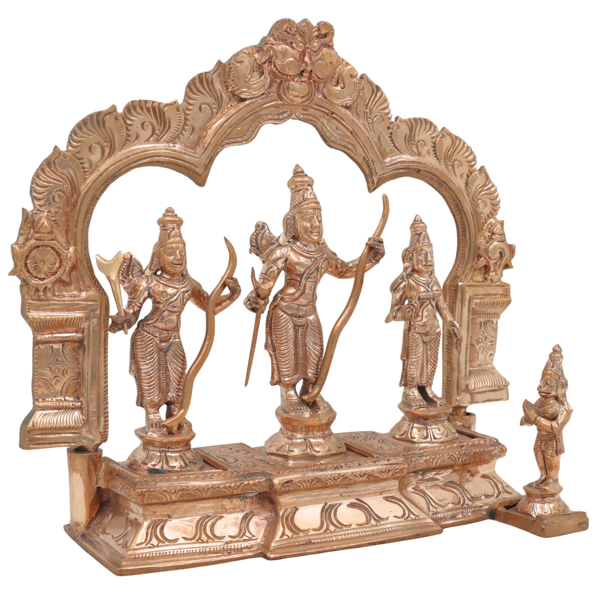 Handmade Panchaloha Bronze Rama Darbar Idol – Lord Rama Sita Laxman Statue with Peetam & Prabhavali, Traditional South Indian Ram Darbar Murti for Pooja & Home Temple,Gold, 9.5 Inch, 1 Piece