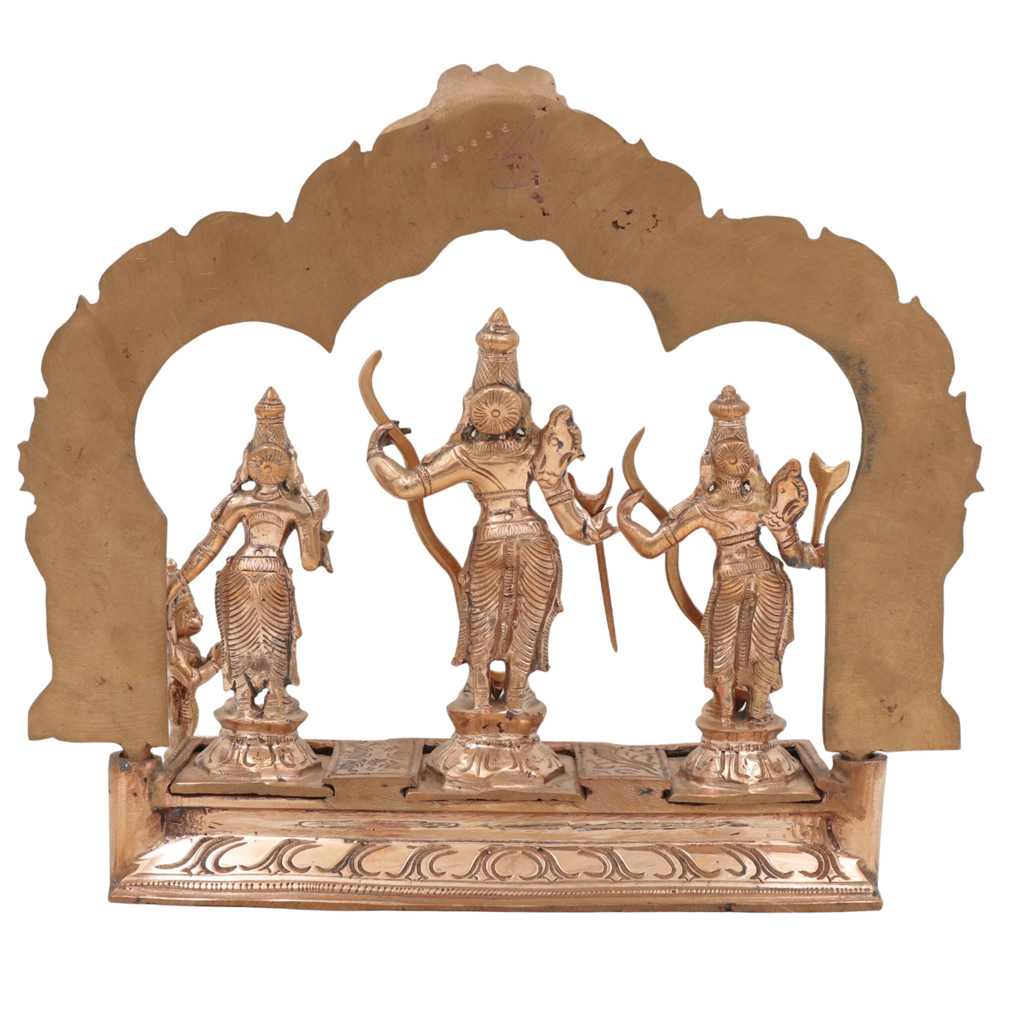 Handmade Panchaloha Bronze Rama Darbar Idol – Lord Rama Sita Laxman Statue with Peetam & Prabhavali, Traditional South Indian Ram Darbar Murti for Pooja & Home Temple,Gold, 9.5 Inch, 1 Piece