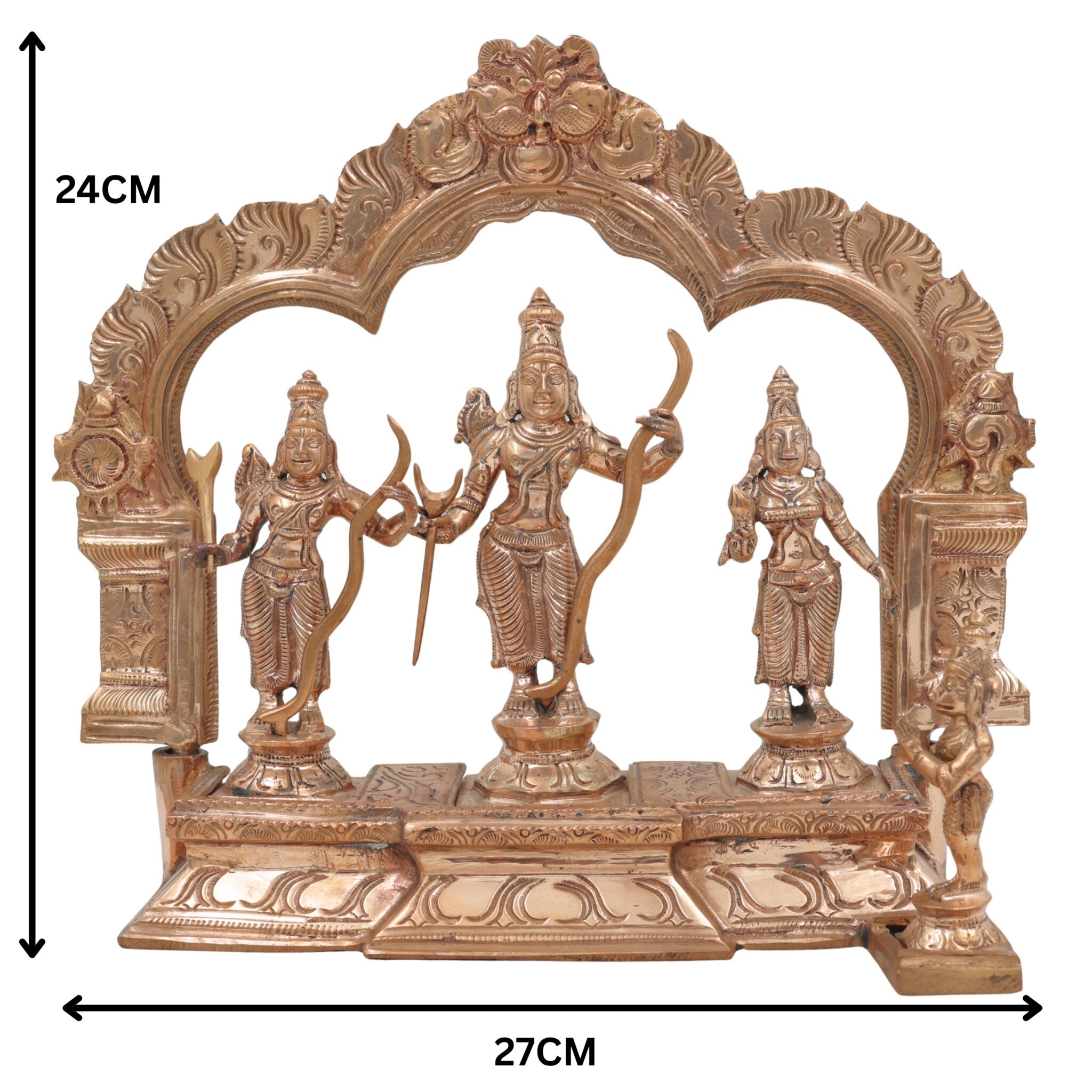 Handmade Panchaloha Bronze Rama Darbar Idol – Lord Rama Sita Laxman Statue with Peetam & Prabhavali, Traditional South Indian Ram Darbar Murti for Pooja & Home Temple,Gold, 9.5 Inch, 1 Piece