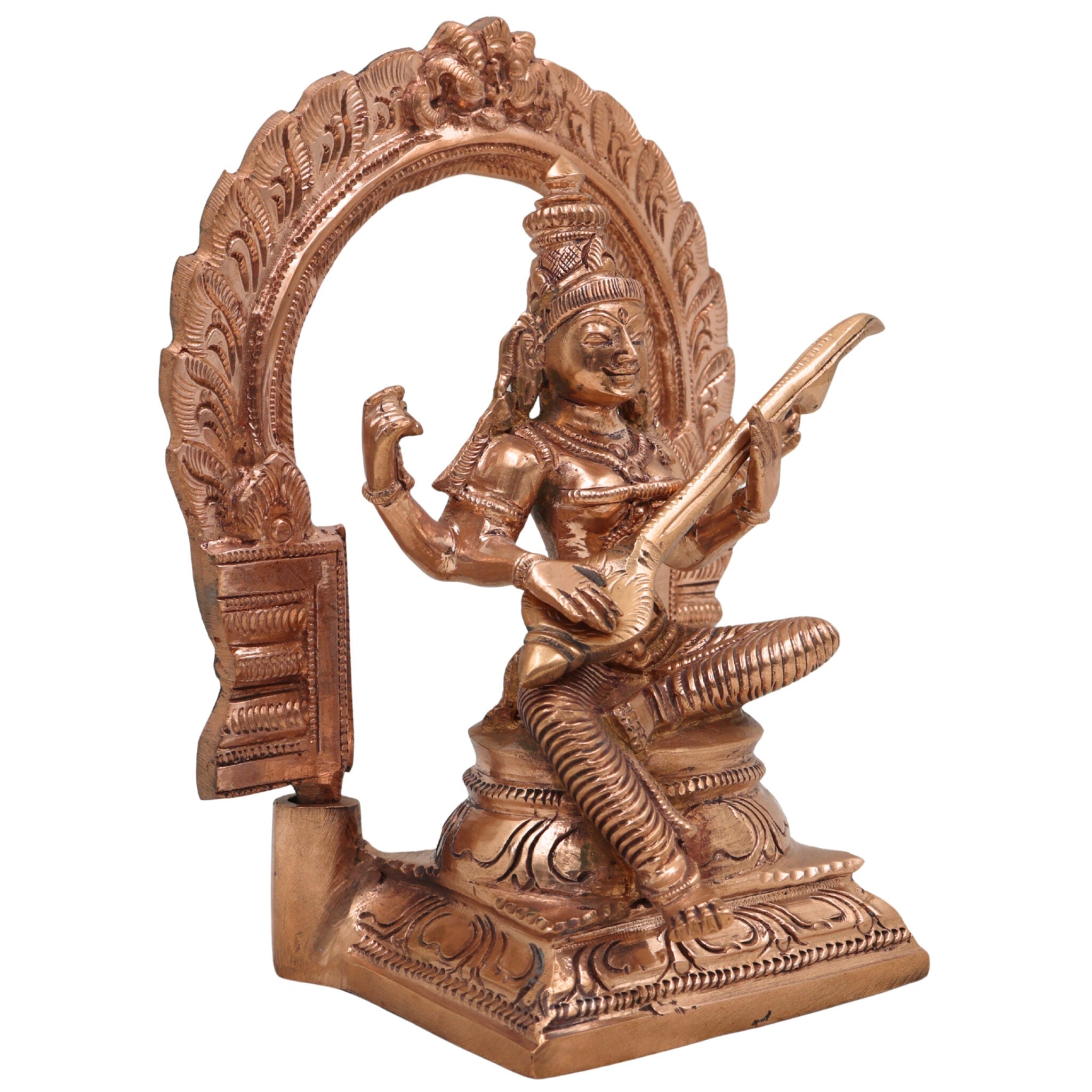 Handcrafted Panchaloha Bronze Saraswati Idol, Traditional Saraswati Murti, Goddess of Knowledge, Veena Saraswati Statue for Puja & Home Decor,Gold, 6 Inch, 1 Piece
