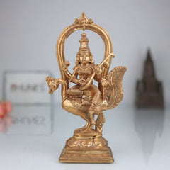Elegant Handmade Bronze Panchaloha Saraswati Idol Sitting on Peacock with Veena, Goddess of Knowledge, Wisdom & Art Sculpture for Temple, Home & Office Decor,Gold, 8.5 Inch, 1 Piece