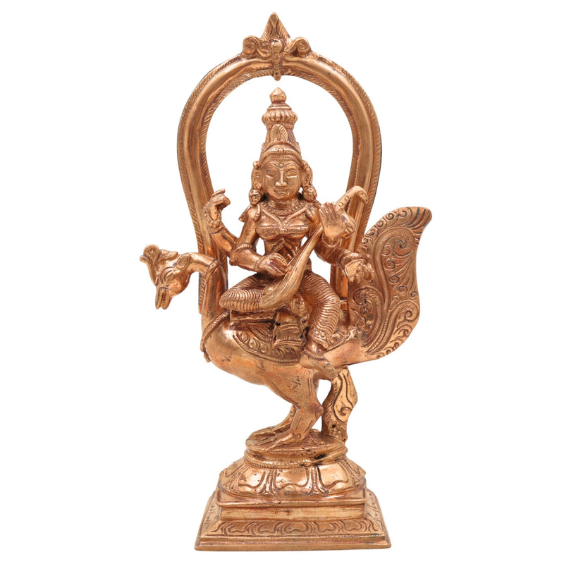 Elegant Handmade Bronze Panchaloha Saraswati Idol Sitting on Peacock with Veena, Goddess of Knowledge, Wisdom & Art Sculpture for Temple, Home & Office Decor,Gold, 8.5 Inch, 1 Piece