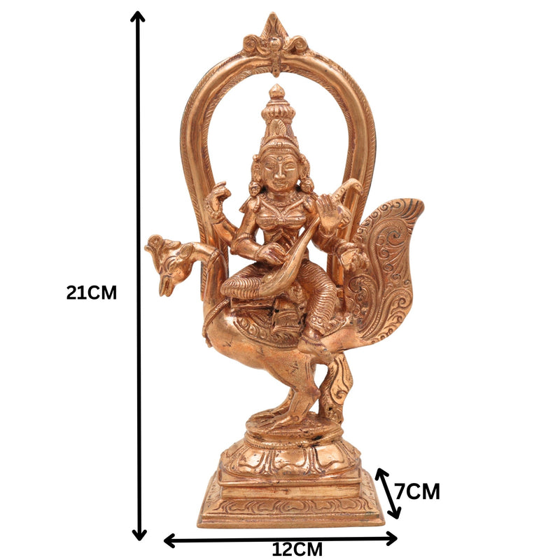 Elegant Handmade Bronze Panchaloha Saraswati Idol Sitting on Peacock with Veena, Goddess of Knowledge, Wisdom & Art Sculpture for Temple, Home & Office Decor,Gold, 8.5 Inch, 1 Piece