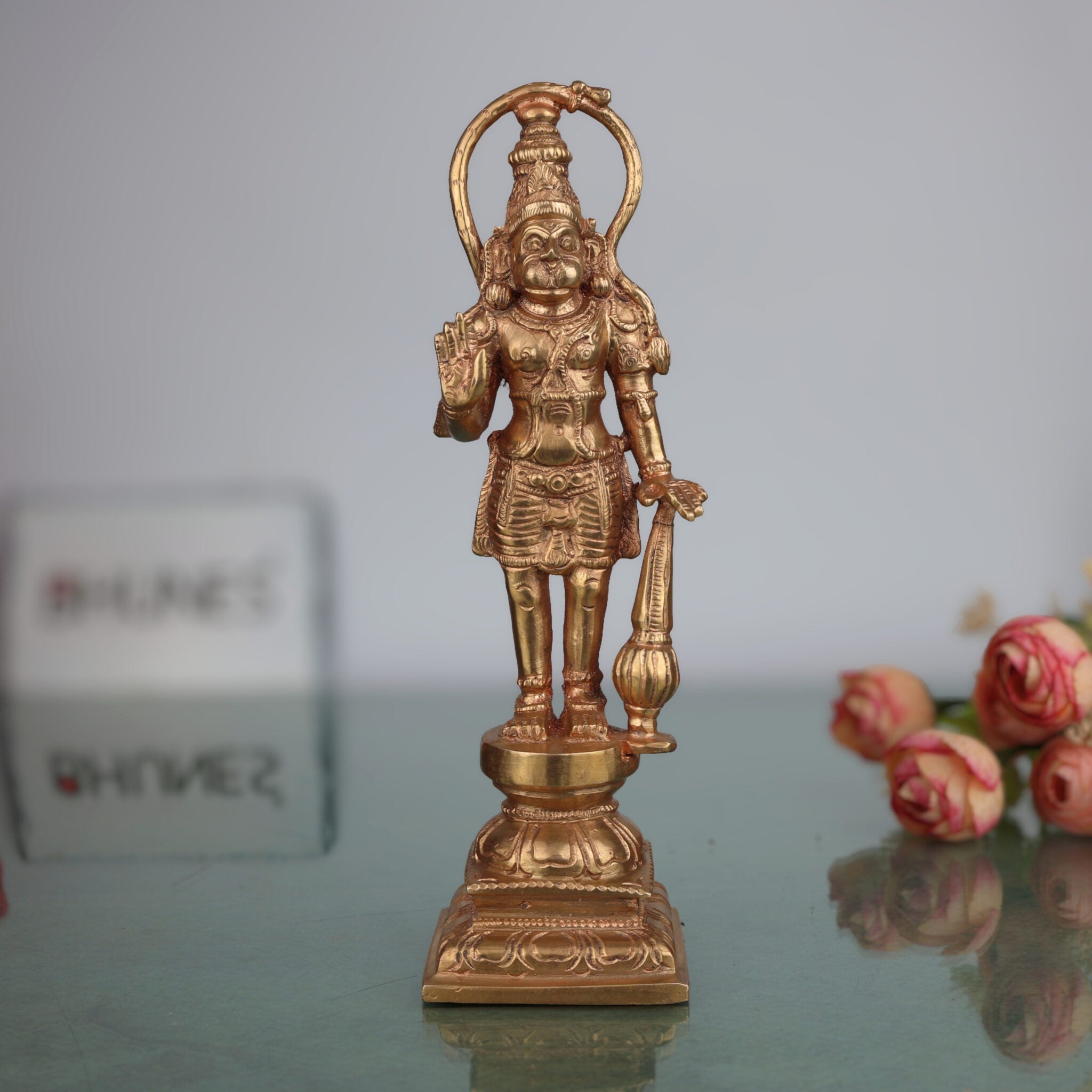 Handcrafted Bronze Panchaloha Hanuman Idol | Anjaneya, Bajrang Bali, Veer Maruti Murti for Home Temple & Pooja,Gold, 8.5 Inch, 1 Piece