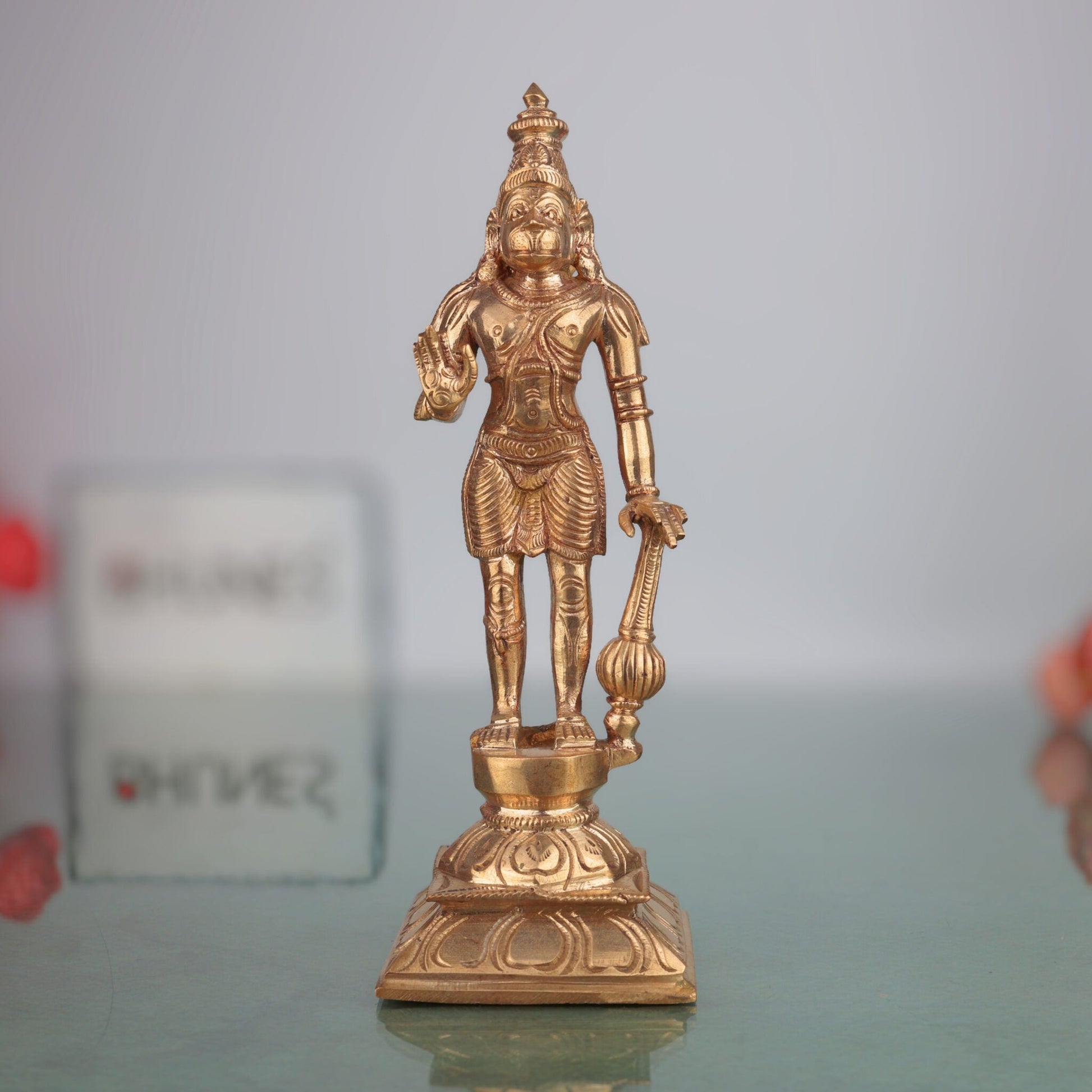 Handcrafted Panchaloha Hanuman Idol in Bronze – Ram Bhakt Anjaneya Murti | Bajrang Bali | South Indian Chola Art Sculpture (21cm),Gold, 8.5 Inch, 1 Piece