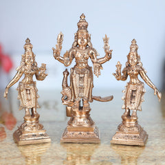 Handcrafted Bronze Murugan Idol with Valli and Devasena | Panchaloha Subramanya Kumara Swamy Skanda Sculpture | Chola Art Vel Murugan Statue for Home Temple,Gold, 7 Inch, 1 Piece
