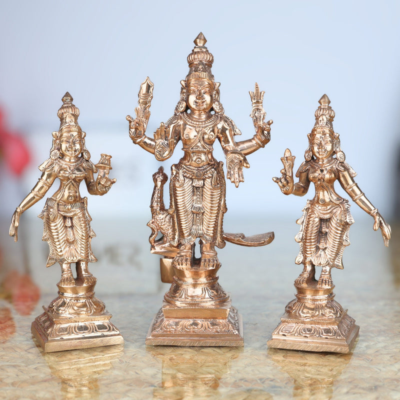 Handcrafted Bronze Murugan Idol with Valli and Devasena | Panchaloha Subramanya Kumara Swamy Skanda Sculpture | Chola Art Vel Murugan Statue for Home Temple,Gold, 7 Inch, 1 Piece