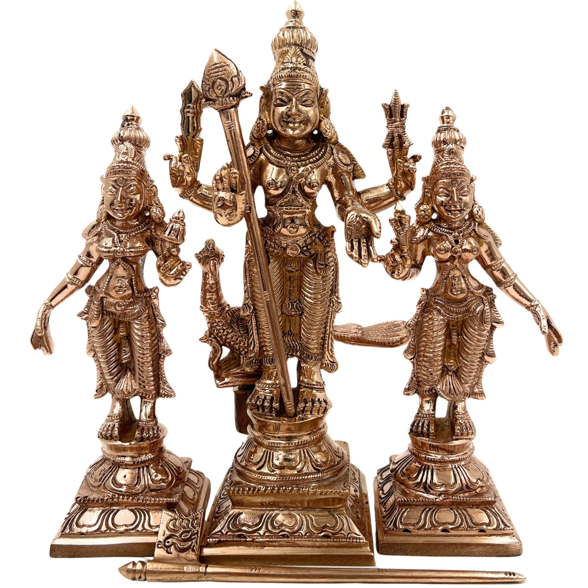 Handcrafted Bronze Murugan Idol with Valli and Devasena | Panchaloha Subramanya Kumara Swamy Skanda Sculpture | Chola Art Vel Murugan Statue for Home Temple,Gold, 7 Inch, 1 Piece