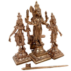 Handcrafted Bronze Murugan Idol with Valli and Devasena | Panchaloha Subramanya Kumara Swamy Skanda Sculpture | Chola Art Vel Murugan Statue for Home Temple,Gold, 7 Inch, 1 Piece